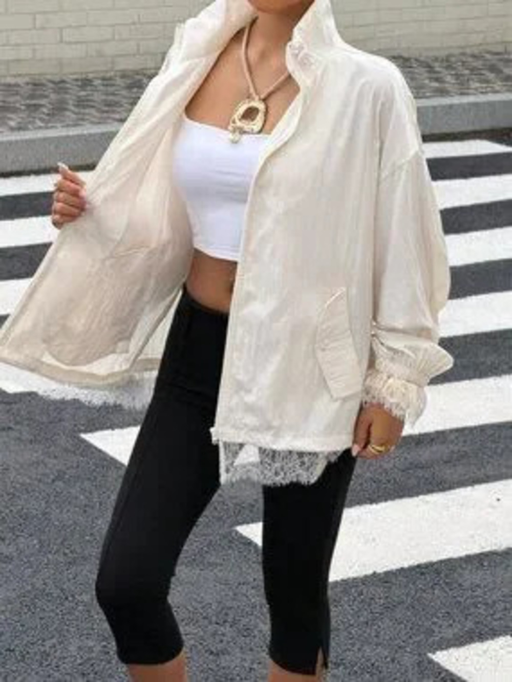 Apricot Casual Women's Lace Trim Bomber Jacket